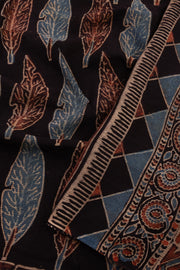 Ink Black Ajrakh Printed Mulmul Cotton Saree With Geometric Border 10076516