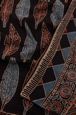 Ink Black Ajrakh Printed Mulmul Cotton Saree With Geometric Border 10076516