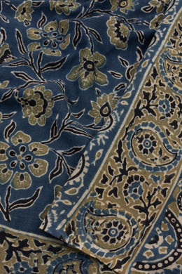 Navy Stone Blue Ajrakh Printed Mulmul Cotton Saree With Floral Motifs and Floral Border 10076517