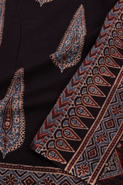 Blackberry Wine Black Ajrakh Printed Mulmul Cotton Saree With Geometric Border 10076518