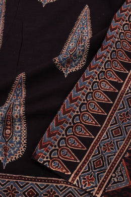 Blackberry Wine Black Ajrakh Printed Mulmul Cotton Saree With Geometric Border 10076518