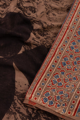 Caramel Brown Ajrakh Printed Mulmul Cotton Saree With Clover Motifs 10076519