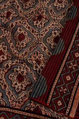 Mocha Grey Ajrakh Printed Mulmul Cotton Saree With Floral Border 10076523
