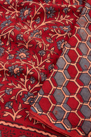 Deep Passion Red Ajrakh Printed Mulmul Cotton Saree With Floral Border 10076525