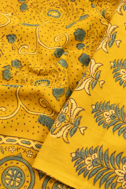 Festival Yellow Ajrakh Printed Mulmul Cotton Saree With Floral Border 10076526