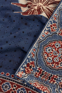 Storm Blue Ajrakh Printed Mulmul Cotton Saree With Floral Border 10076527