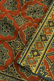 Earthy Sage Green Ajrakh Printed Mulmul Cotton Saree With Geometric Border 10076528