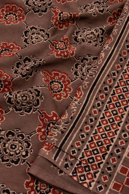 Cocoa Powder Brown Ajrakh Printed Mulmul Cotton Saree With Floral Motifs And Geometric Border 10076531