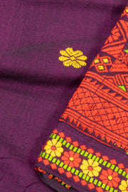 Plum Purple Handloom Assam Cotton Saree With Floral Border 10076537