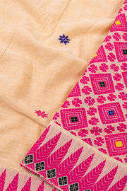Cream Handloom Assam Cotton Saree With Temple Border 10077597