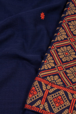 Deep Navy Blue Handloom Assam Cotton Saree With Geometric Border 10076541
