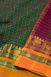 Jungle Green Thousand Buttas Chettinad Cotton Saree With Peacock Border 10076561