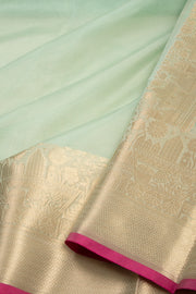 Minted Olive Green Banarasi Tissue Organza Saree With Tribal Motifs Zari Border 10076564