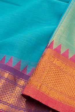 Mint Aqua Blue Handloom Kanchi Cotton Saree with Temple Border 10076576
