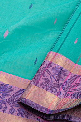 Aqua Teal Green Bengal Handwoven Cotton Saree With Floral Border 10076577