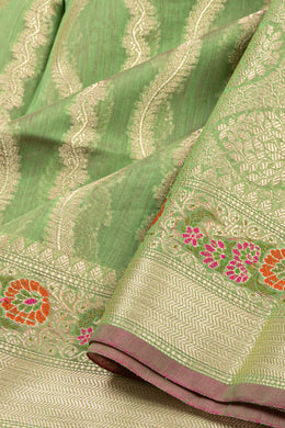 Woodland Green Handloom Banarasi Cotton Saree With Floral Border 10076579