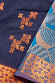 Deep Navy Blue South Silk Cotton Saree with Floral Border And Floral Motifs 10076581