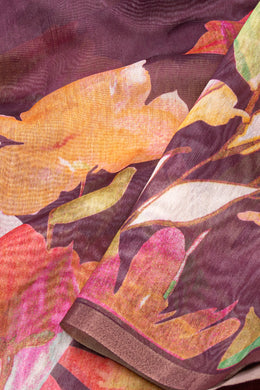 Smoked Rosewood Brown Printed Design Linen Saree With Floral Motifs 10076582