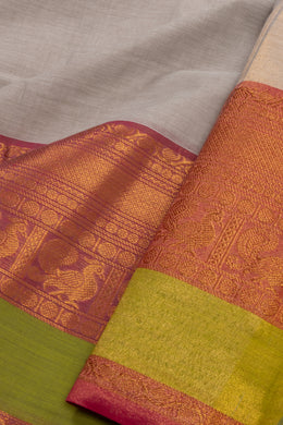 Pebble Grey Handloom Kanchi Cotton Saree With Peacock Zari Border 10076585