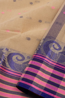 Desert Sand Beige  Bengal Handwoven Cotton Saree With Paisley Border 10076586
