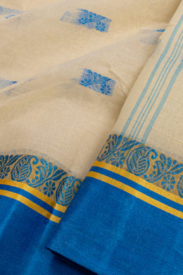 Vanilla Latte Cream Bengal Handwoven Cotton Saree With Floral Motifs 10076588