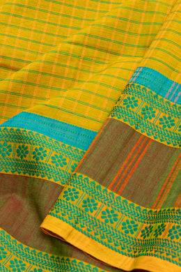 Harvest Olive Green Handloom Kanchi Cotton Saree With Checks Designs and Floral Motifs 10076590