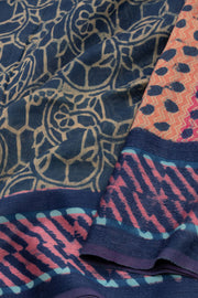 Ocean Night Blue Handblock Printed Silk Cotton Saree 10076594
