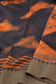 Dusty Charcoal Black Handblock Printed Silk Cotton Saree With Geometric Motifs 10076596