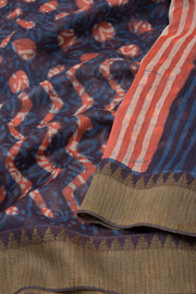 Ocean Indigo Blue Handblock Printed Silk Cotton Saree With Geometric Motifs 10076597