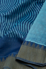 Nightfall Blue Handblock Printed Silk Cotton Saree With Waves lines and Temple Border 10076598