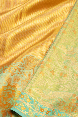 Amber Gold Kanjivaram Tissue Silk Saree With Honey-Comb Design And Floral Border 10076702
