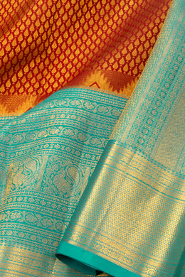 Cherry Brick Maroon Kanjivaram Pure Silk Saree With Golden Zari Leaf Butta Design And Peacock Border 10076716