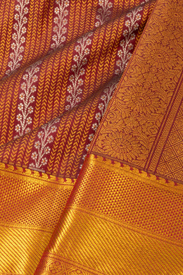Berry Maroon Monotone Kanjivaram Pure Silk Saree With Striped Floral And Geometric Design 10076723