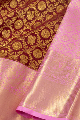 Vintage Wine Maroon Kanjivaram Pure Silk Saree With Peacock Design And Peacock Border 10076730