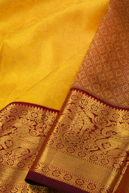 Sunkissed Gold Yellow Kanjivaram Pure Silk Saree With Contrast Royal Wine Maroon Border And Blouse 10076732