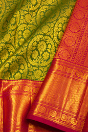 Forest Mustard Green Kanjivaram Pure Silk Saree With Floral Design And Floral Border 10076734