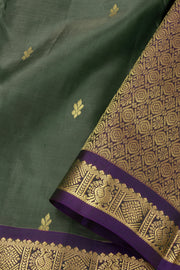 Fern Smoke Green Kanjivaram Pure Silk Saree With Floral Butta Design And Peacock Zari Border 10076741