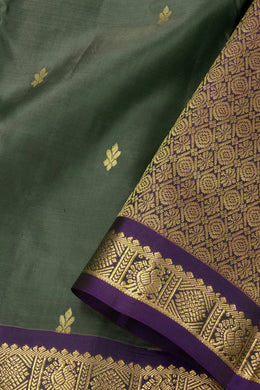 Fern Smoke Green Kanjivaram Pure Silk Saree With Floral Butta Design And Peacock Zari Border 10076741