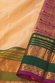 Soft Almond Beige Kanjivaram Pure Silk Saree With Stripes Design And Thandavalam Border 10076759