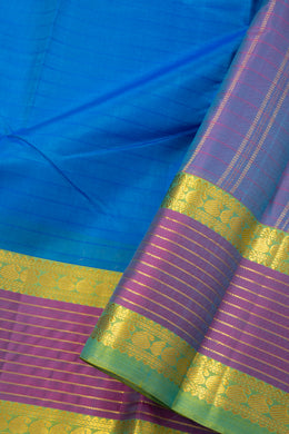 Deep Azure Blue Kanjivaram Pure Silk Saree With Stripes Design And Thandavalam Border 10076760