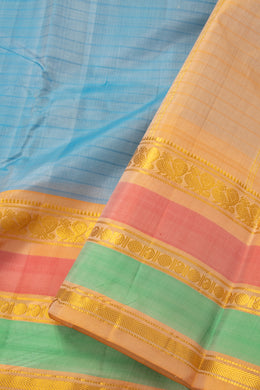 Cloudy Sky Blue Kanjivaram Pure Silk Saree With Stripes Design And Thandavalam Border 10076768