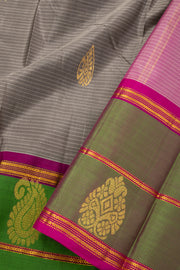 Mushroom Grey Kanjivaram Pure Silk Saree With Stripes Design And Thandavalam Border 10076769