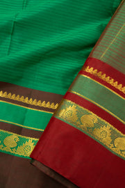 Bottle Jade Green Kanjivaram Pure Silk Saree With Stripes Design And Thandavalam Border 10076774