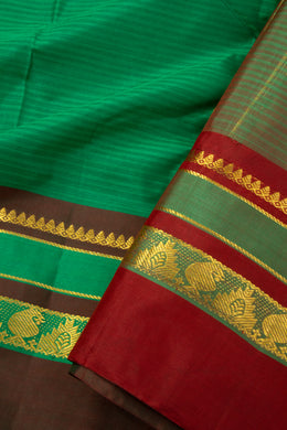 Bottle Jade Green Kanjivaram Pure Silk Saree With Stripes Design And Thandavalam Border 10076774