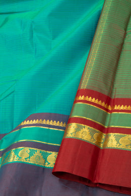 Island Teal Green Kanjivaram Pure Silk Saree With Stripes Design And Thandavalam Border 10076777