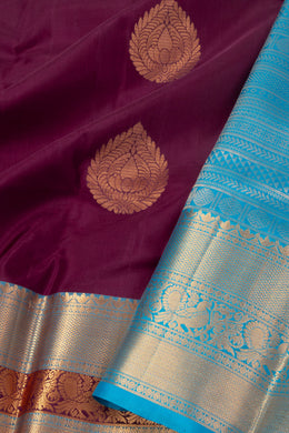 Deep Mulberry Purple Handloom Kanjivaram Soft Silk Saree With Floral Motifs Design And Peacock Border 10076779