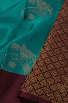 Azure Teal Blue Handloom Kanjivaram Soft Silk Saree With Paisley Motifs Design 10076780