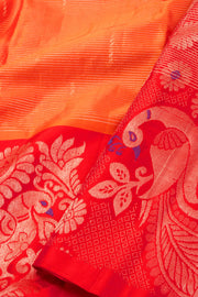Papaya Mist Orange Handloom Kanjivaram Soft Silk Saree With Stripes Design And Peacock Border 10076784