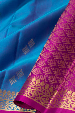 Deep Sky Blue Handloom Kanjivaram Soft Silk Saree With Geometric Butta Design And Floral Border 10076785