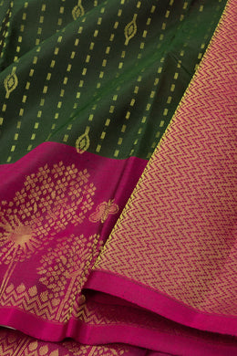 Jungle Olive Green Handloom Kanjivaram Soft Silk Saree With Geometric Line Butta Design 10076786